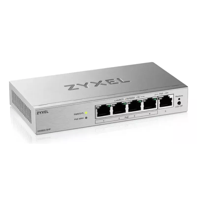 Valdomas L2 Gigabit PoE stalinis komutatorius Zyxel GS1200-5HPV3 — 5x Gigabit (10/100/1000), PoE, DC-in, 10 Gbps perjungimo talpa