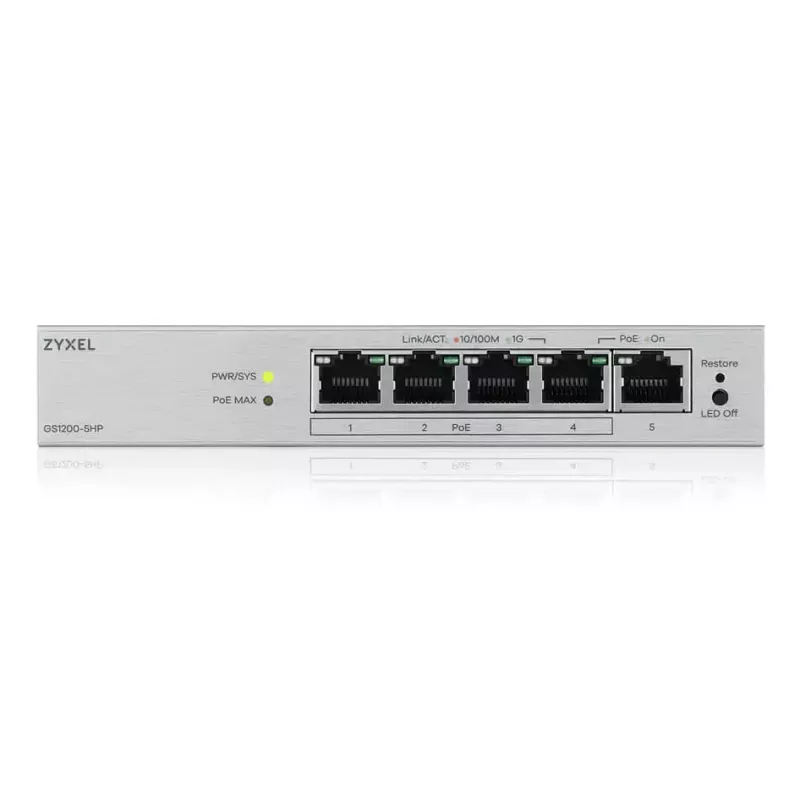 Valdomas L2 Gigabit PoE stalinis komutatorius Zyxel GS1200-5HPV3 — 5x Gigabit (10/100/1000), PoE, DC-in, 10 Gbps perjungimo talpa