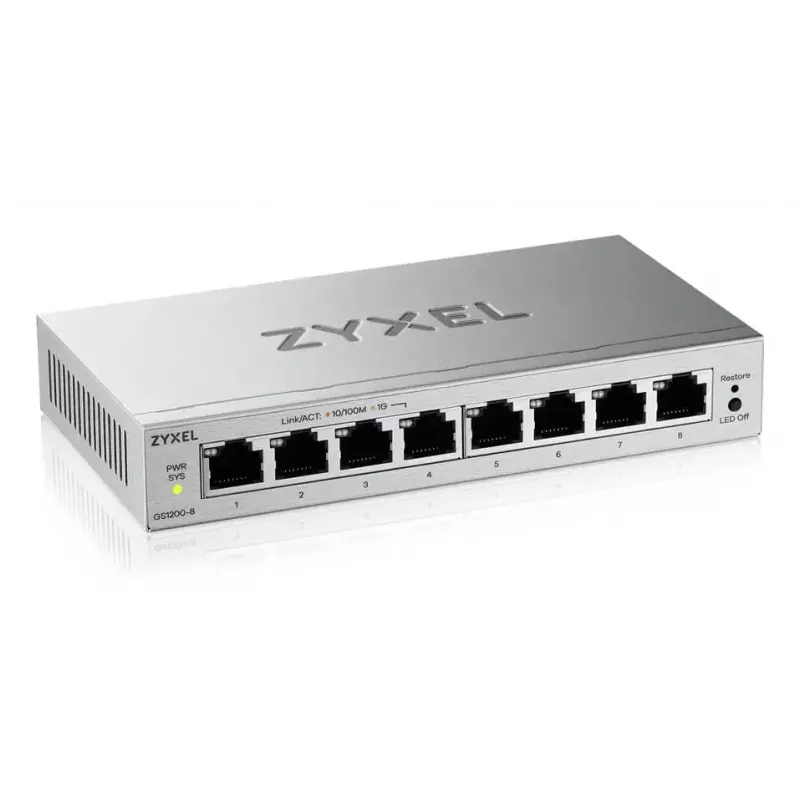 Valdomas L2 Gigabit Ethernet jungiklis Zyxel GS1200-8V3 — 8x RJ-45 10/100/1000, 16 Gbit/s, MAC 4000, stalinis, pilkas