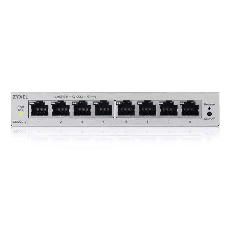 Valdomas L2 Gigabit Ethernet jungiklis Zyxel GS1200-8V3 — 8x RJ-45 10/100/1000, 16 Gbit/s, MAC 4000, stalinis, pilkas