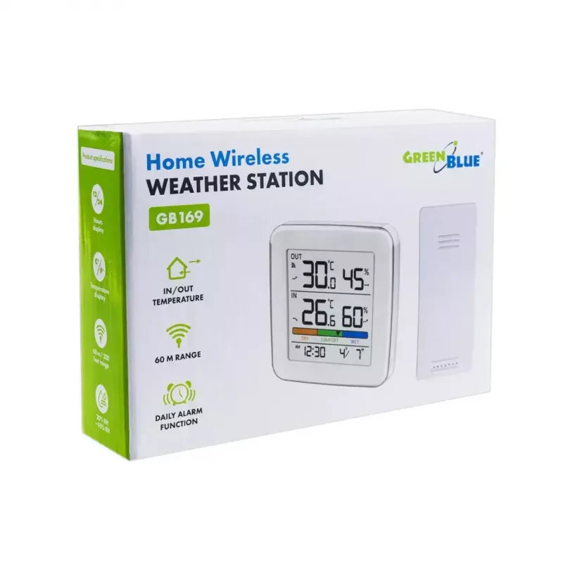 Belaidė orų stotelė GreenBlue GB169 – vidaus/lauko temperatūra ir drėgmė, laikrodis, žadintuvas, atstumas iki 60 m, °C/°F pasirinkimas