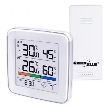 Belaidė orų stotelė GreenBlue GB169 – vidaus/lauko temperatūra ir drėgmė, laikrodis, žadintuvas, atstumas iki 60 m, °C/°F pasirinkimas