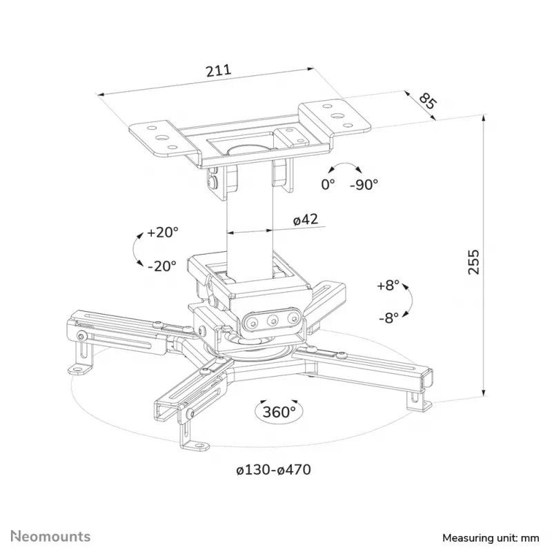 Projektoriaus lubinis laikiklis Neomounts CL25-530WH1 — pilnas judesys, maks. apkrova 45 kg, aukštis 25,5 cm, baltas