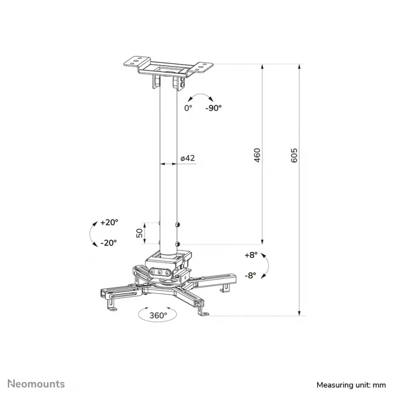 Neomounts CL25-540WH1 lubinis projektoriaus laikiklis - aukštis 60,5-90,5 cm - lengvas montavimas - pilnas judesys