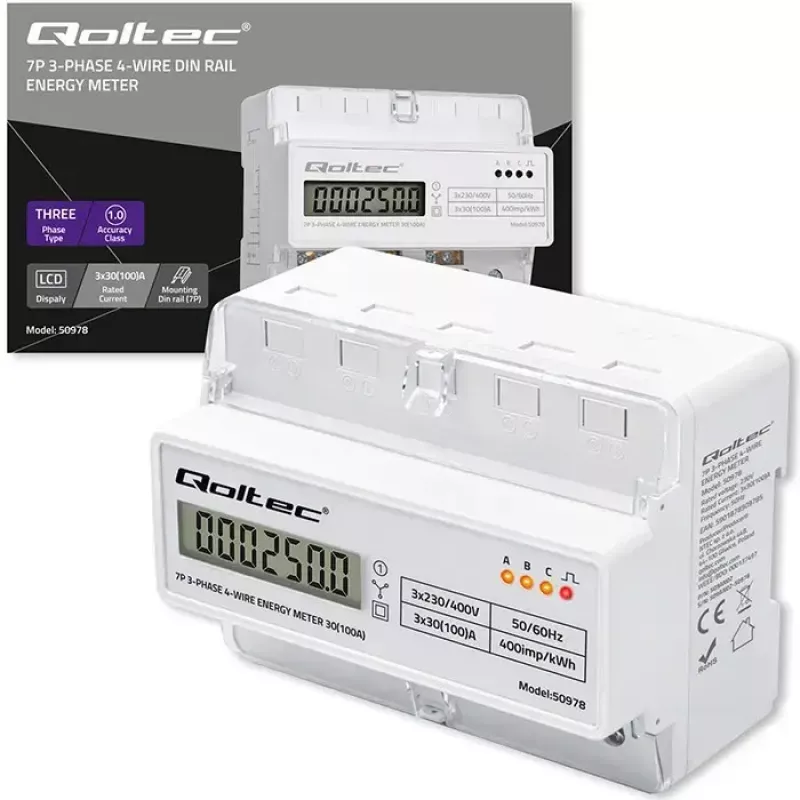 Trifazis DIN bėgio elektros energijos skaitiklis QOLTEC 50978 — 400V, 100A