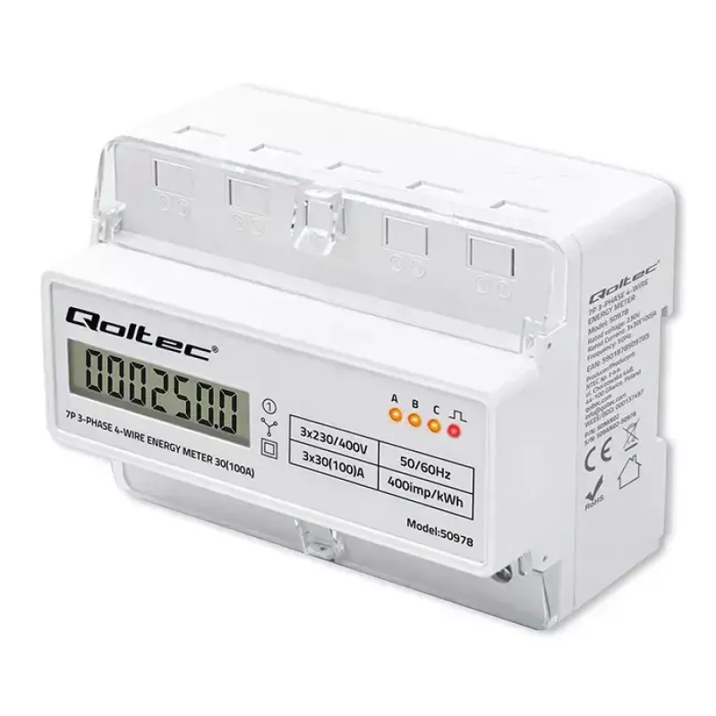 Trifazis DIN bėgio elektros energijos skaitiklis QOLTEC 50978 — 400V, 100A