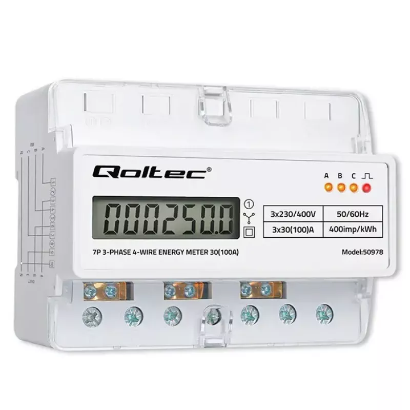 Trifazis DIN bėgio elektros energijos skaitiklis QOLTEC 50978 — 400V, 100A