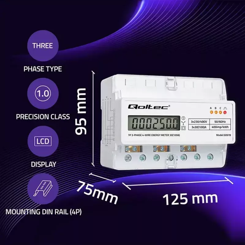Trifazis DIN bėgio elektros energijos skaitiklis QOLTEC 50978 — 400V, 100A