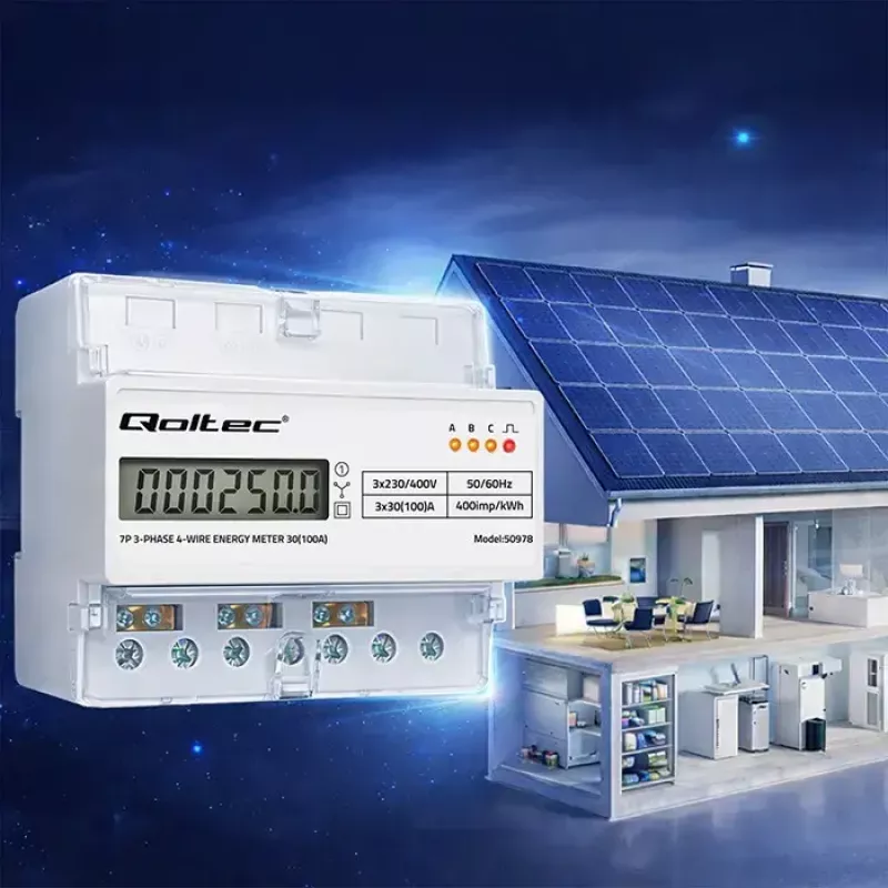 Trifazis DIN bėgio elektros energijos skaitiklis QOLTEC 50978 — 400V, 100A