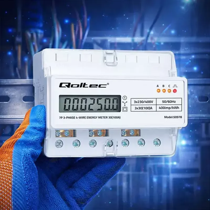 Trifazis DIN bėgio elektros energijos skaitiklis QOLTEC 50978 — 400V, 100A