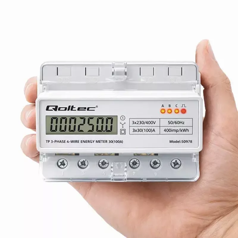 Trifazis DIN bėgio elektros energijos skaitiklis QOLTEC 50978 — 400V, 100A