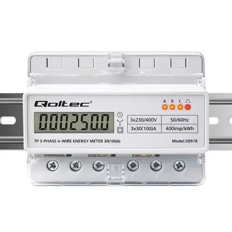 Trifazis DIN bėgio elektros energijos skaitiklis QOLTEC 50978 — 400V, 100A