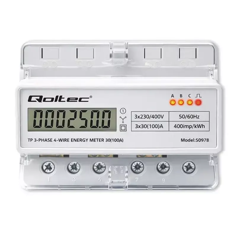 Trifazis DIN bėgio elektros energijos skaitiklis QOLTEC 50978 — 400V, 100A
