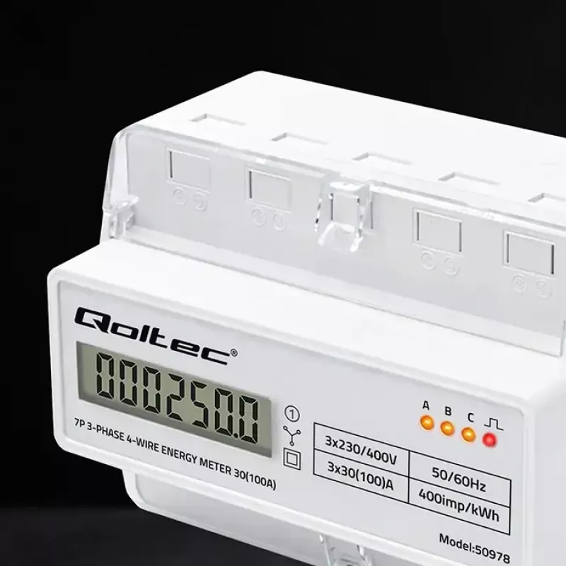 Trifazis DIN bėgio elektros energijos skaitiklis QOLTEC 50978 — 400V, 100A