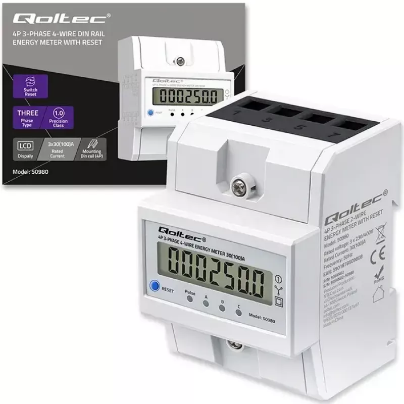 Trifazis elektros energijos skaitiklis QOLTEC 50980 — 400 V, 100 A su atstatymo funkcija