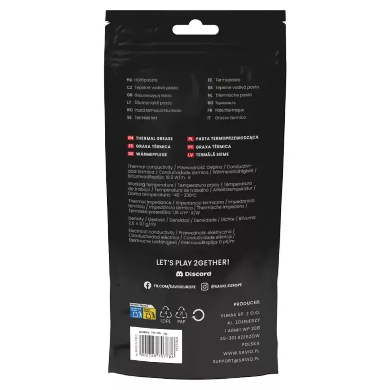 Termopasta SAVIO TG-05 2g – šilumos laidumas 18 W/m·K, 2 ml