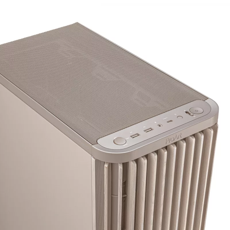 PC korpusas ASUS ProArt PA401 Wood Edition Smėlio spalvos — mid-tower, metalinis priekinis skydelis