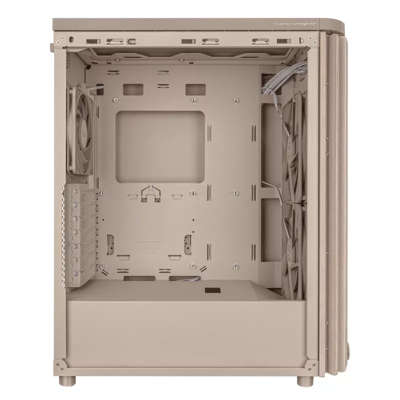 PC korpusas ASUS ProArt PA401 Wood Edition Smėlio spalvos — mid-tower, metalinis priekinis skydelis