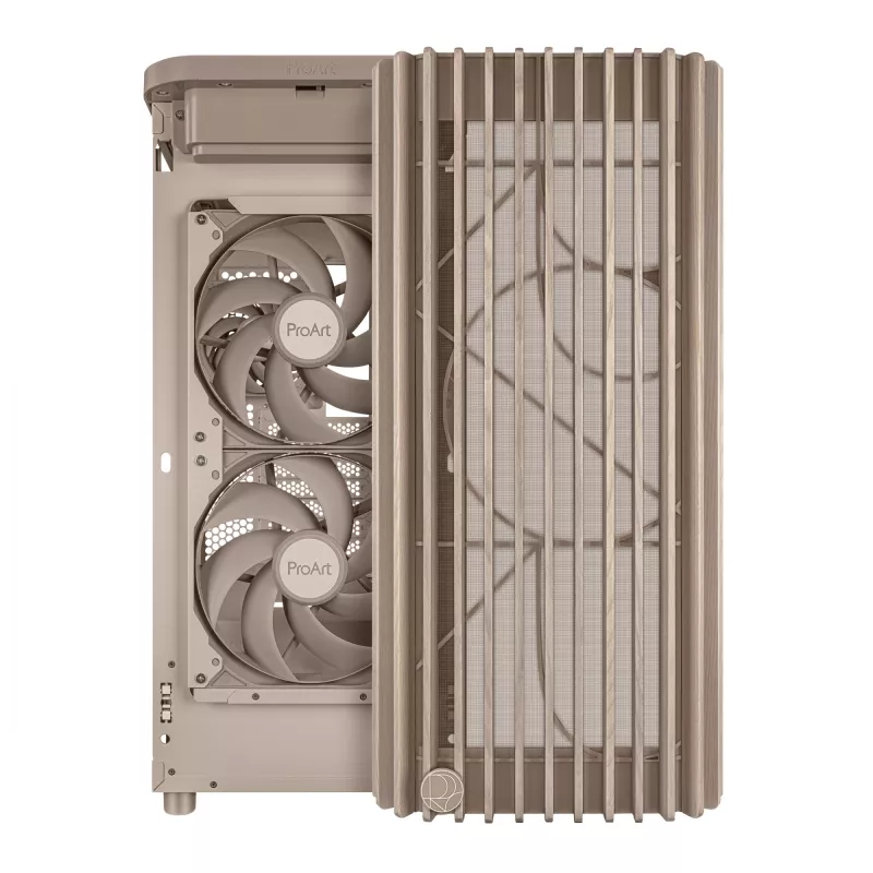 PC korpusas ASUS ProArt PA401 Wood Edition Smėlio spalvos — mid-tower, metalinis priekinis skydelis