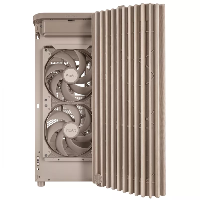 PC korpusas ASUS ProArt PA401 Wood Edition Smėlio spalvos — mid-tower, metalinis priekinis skydelis