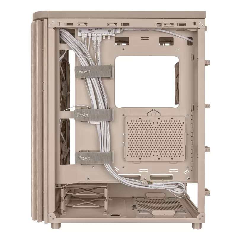 PC korpusas ASUS ProArt PA401 Wood Edition Smėlio spalvos — mid-tower, metalinis priekinis skydelis