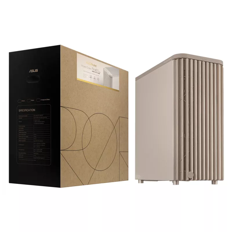 PC korpusas ASUS ProArt PA401 Wood Edition Smėlio spalvos — mid-tower, metalinis priekinis skydelis