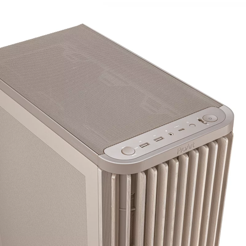 ASUS ProArt PA401 Wood Mesh PWM kompiuterio korpusas — ATX, medinis, 2×160 mm priekyje, 1×120 mm gale, 2×3,5 colio + 2×2,5 colio vietos