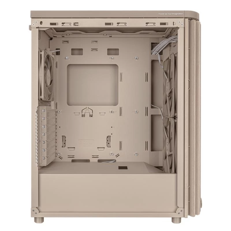 ASUS ProArt PA401 Wood Mesh PWM kompiuterio korpusas — ATX, medinis, 2×160 mm priekyje, 1×120 mm gale, 2×3,5 colio + 2×2,5 colio vietos