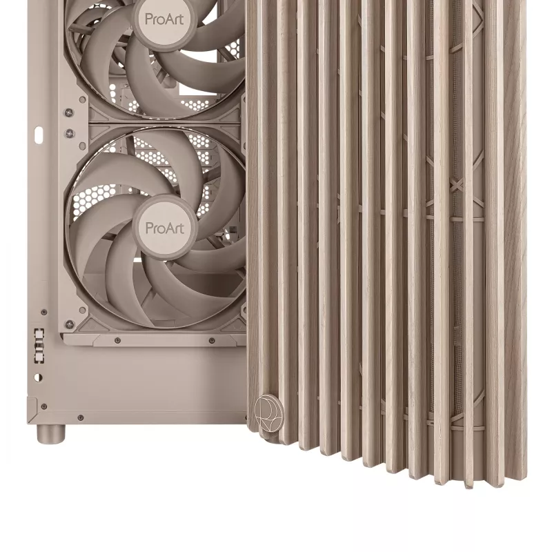 ASUS ProArt PA401 Wood Mesh PWM kompiuterio korpusas — ATX, medinis, 2×160 mm priekyje, 1×120 mm gale, 2×3,5 colio + 2×2,5 colio vietos