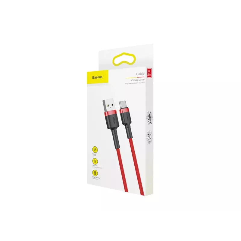 USB-A į USB-C laidas Baseus Cafule – USB 2.0 A→C, QC3.0 įkrovimo palaikymas, nailoninis pintas, raudonas