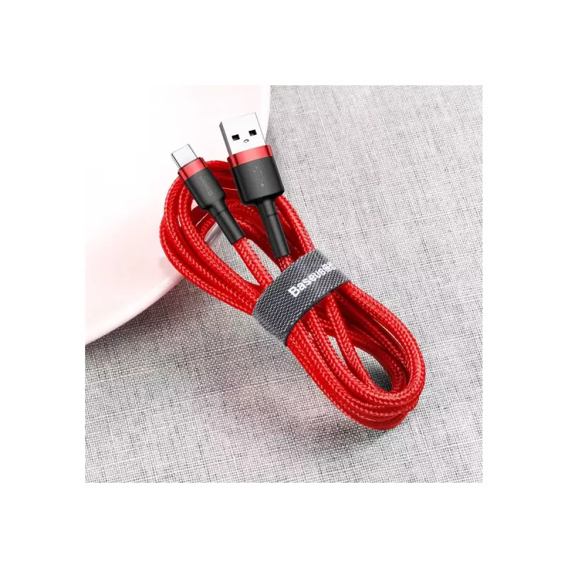USB-A į USB-C laidas Baseus Cafule – USB 2.0 A→C, QC3.0 įkrovimo palaikymas, nailoninis pintas, raudonas