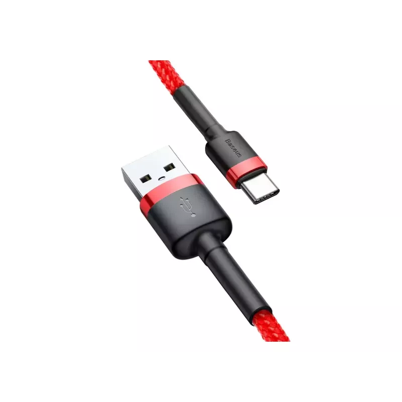 USB-A į USB-C laidas Baseus Cafule – USB 2.0 A→C, QC3.0 įkrovimo palaikymas, nailoninis pintas, raudonas