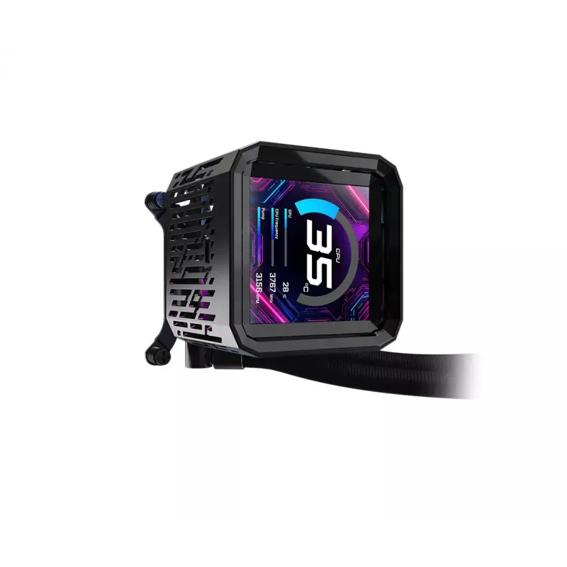ASRock Phantom Gaming 360 LCD skysčių aušinimo komplektas — 120 mm ventiliatoriai, LGA1700/AM5/AM4, juodas