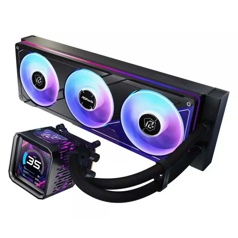 ASRock Phantom Gaming 360 LCD skysčių aušinimo komplektas — 120 mm ventiliatoriai, LGA1700/AM5/AM4, juodas