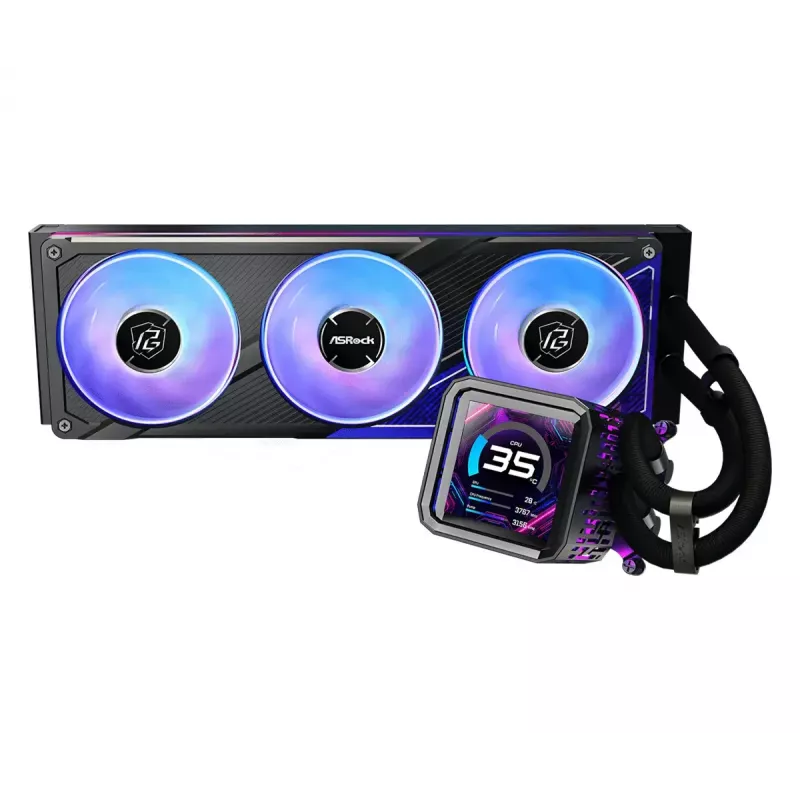 ASRock Phantom Gaming 360 LCD skysčių aušinimo komplektas — 120 mm ventiliatoriai, LGA1700/AM5/AM4, juodas