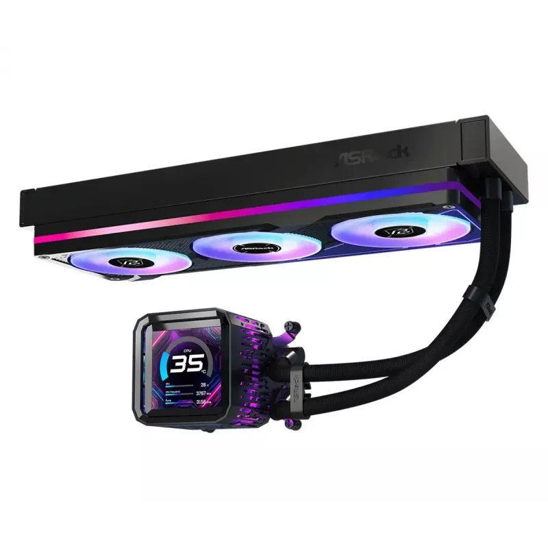 ASRock Phantom Gaming 360 LCD skysčių aušinimo komplektas — 120 mm ventiliatoriai, LGA1700/AM5/AM4, juodas