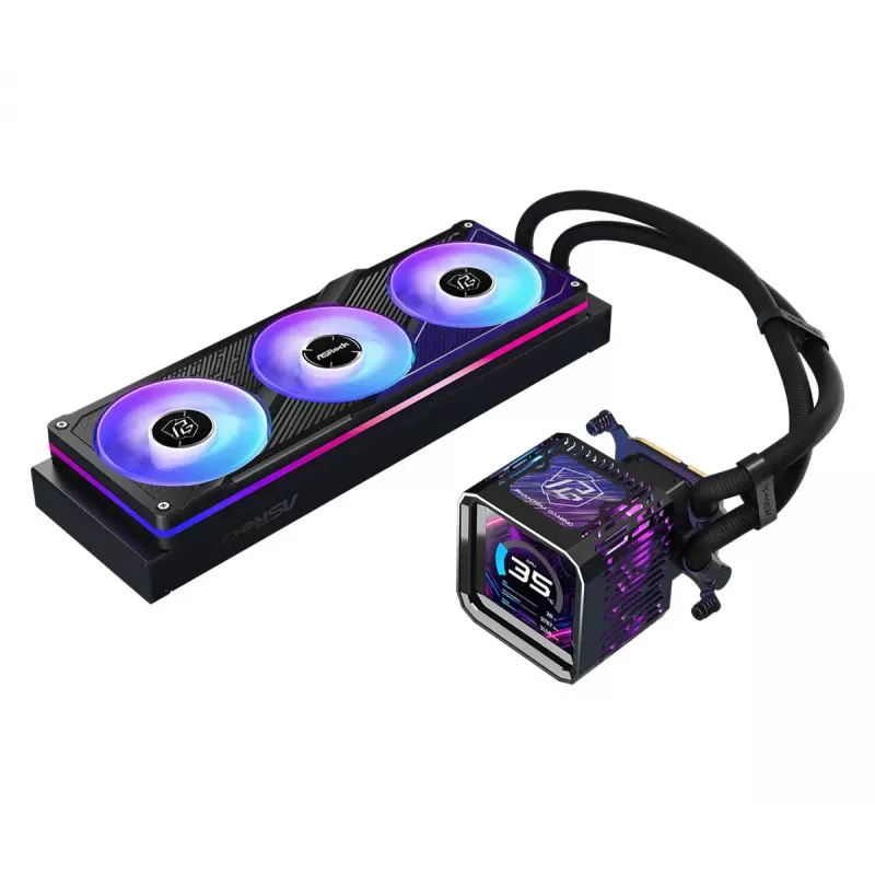 ASRock Phantom Gaming 360 LCD skysčių aušinimo komplektas — 120 mm ventiliatoriai, LGA1700/AM5/AM4, juodas