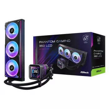 ASRock Phantom Gaming 360 LCD skysčių aušinimo komplektas — 120 mm ventiliatoriai, LGA1700/AM5/AM4, juodas