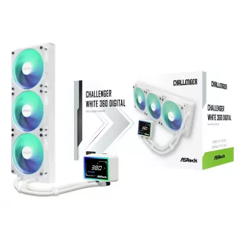 ASROCK Challenger 360 Digital ARGB White — 360 mm skysčio aušintuvas CPU, skaitmeninis ARGB apšvietimas, baltas