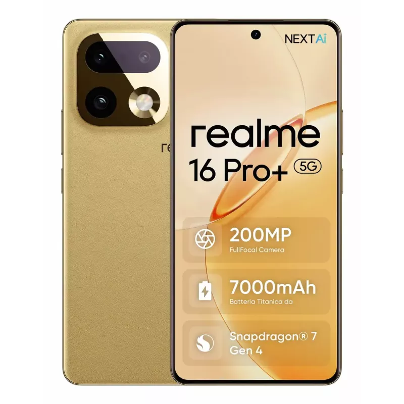 Išmanusis telefonas REALME realme 16 Pro+ 6,8 colio (17,3 cm) 1280×2800, Snapdragon 7 Gen 4, 12 GB RAM, 512 GB, 200 MP, 7000 mAh, Auksinis
