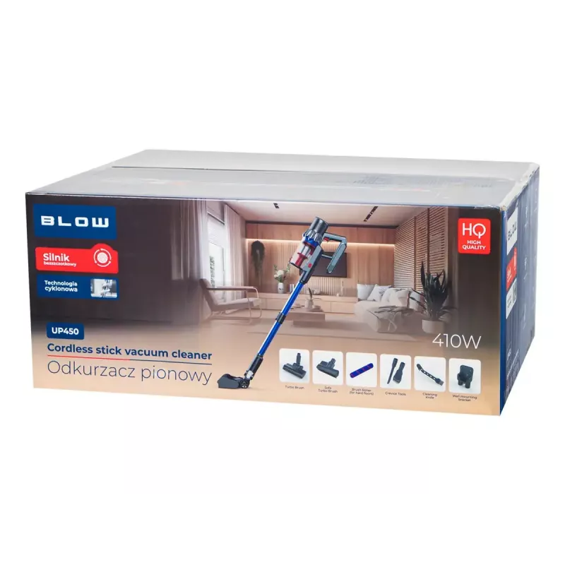 Stiklinis dulkių siurblys BLOW UP450, be maišelio, 25,9V išimama baterija, 0,8L talpa, HEPA filtras, 3 galios lygiai, įkrovimo stotelė, LED, 3,2 kg