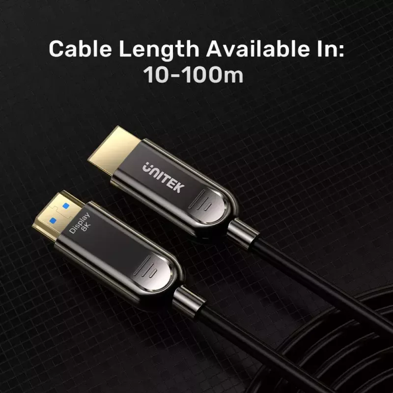 HDMI kabelis Unitek C11085GY01-30M — 30 m, HDMI A tipo kištukas–kištukas, HDMI 2.1, 48 Gbit/s, ARC, paauksuoti kontaktai, juodas