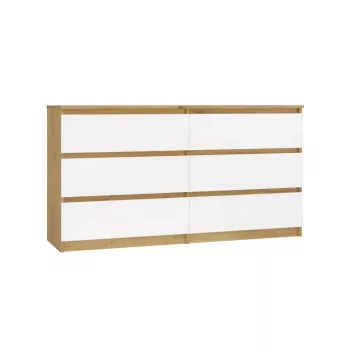 Komoda MALWA M6 — 6 stalčių, 1380×400×750 mm, artisan ąžuolo rėmas, balti fasadai