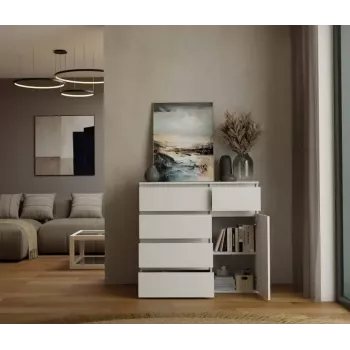 Komoda MALWA 1D5S, 5 stalčių, 1 durelės, balta, 1000×400×930 mm, medžio drožlių plokštė