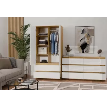 Spinta MALWA SS-90, 900×500×1800 mm, rėmas ąžuolo artisan, balti varstomi durys, 2 stalčiai, medžio drožlių plokštė