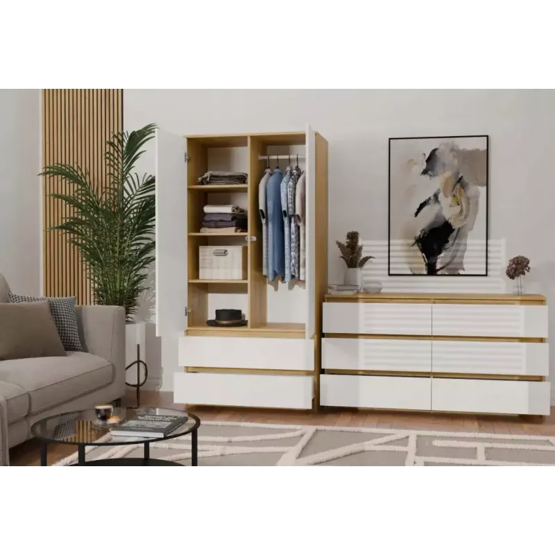 Spinta MALWA SS-90, 900×500×1800 mm, rėmas ąžuolo artisan, balti varstomi durys, 2 stalčiai, medžio drožlių plokštė