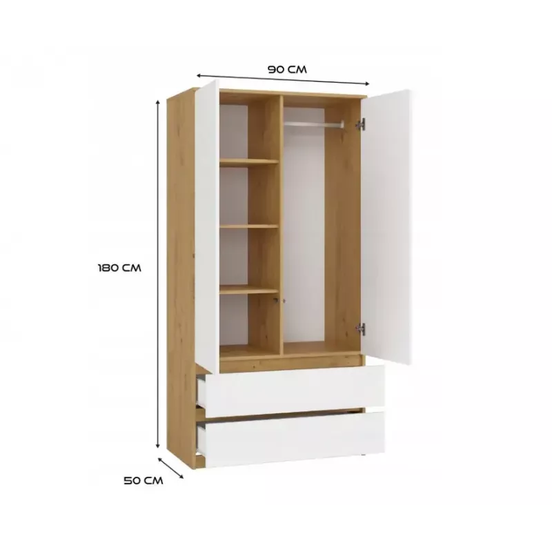Spinta MALWA SS-90, 900×500×1800 mm, rėmas ąžuolo artisan, balti varstomi durys, 2 stalčiai, medžio drožlių plokštė