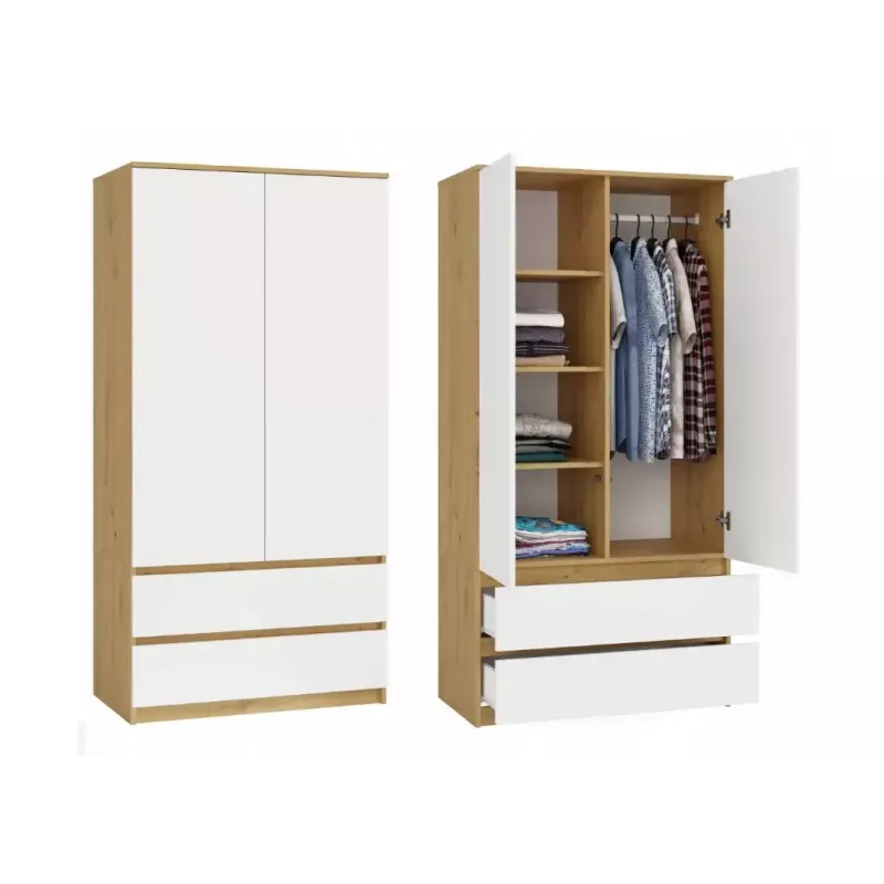 Spinta MALWA SS-90, 900×500×1800 mm, rėmas ąžuolo artisan, balti varstomi durys, 2 stalčiai, medžio drožlių plokštė