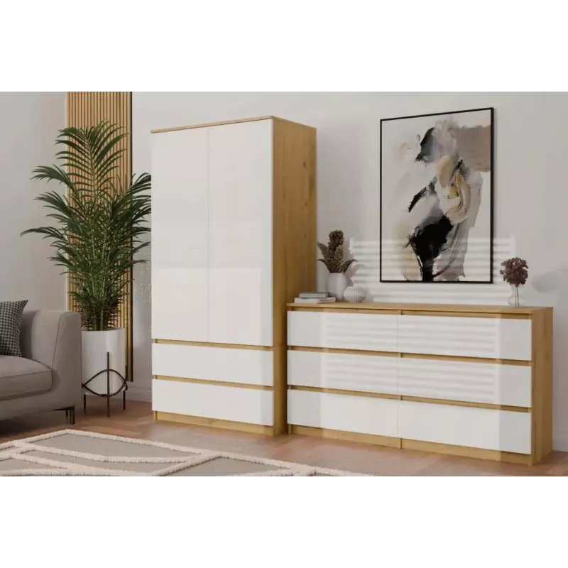 Spinta MALWA SS-90, 900×500×1800 mm, rėmas ąžuolo artisan, balti varstomi durys, 2 stalčiai, medžio drožlių plokštė