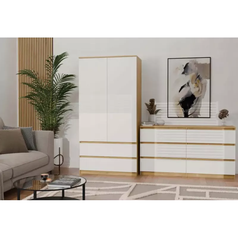 Spinta MALWA SS-90, 900×500×1800 mm, rėmas ąžuolo artisan, balti varstomi durys, 2 stalčiai, medžio drožlių plokštė